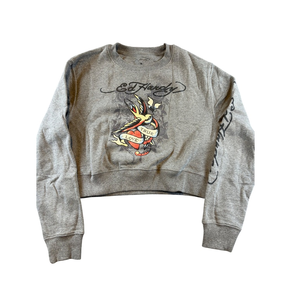 Ed Hardy Gray Cropped Sweatshirt True Love Tattoo Graphic Pullover Medium